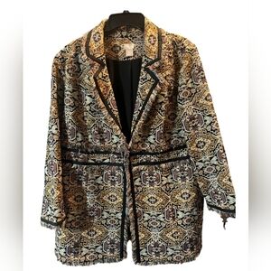 Chicos Brown Aztec Sparkle Jacquard Fringe Topper Jacket Blazer size 1, 10/12